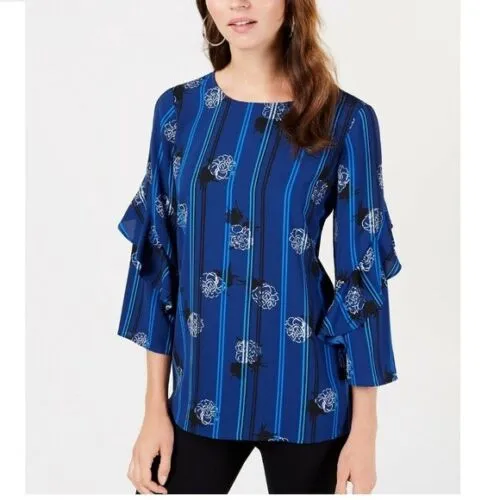 Alfani Petite Printed Ruffled-Sleeve Zip-Back Top ,Size Petite Medium