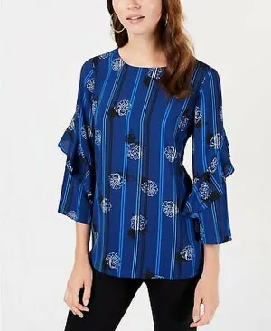 Alfani Petite Printed Ruffled-Sleeve Zip-Back Top ,Size Petite Medium