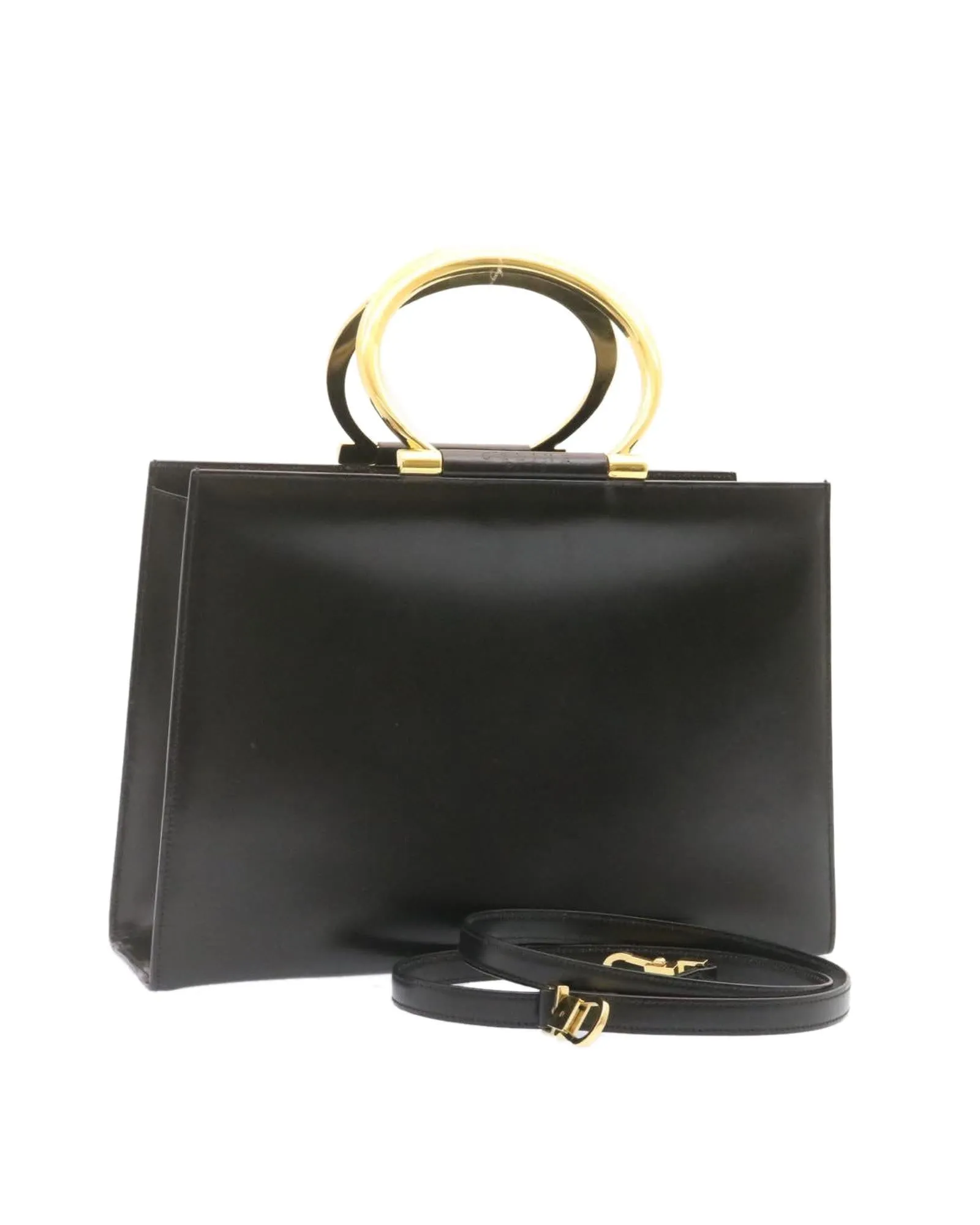 Authentic Black Leather 2way Hand Bag with Gold Tone Hardware