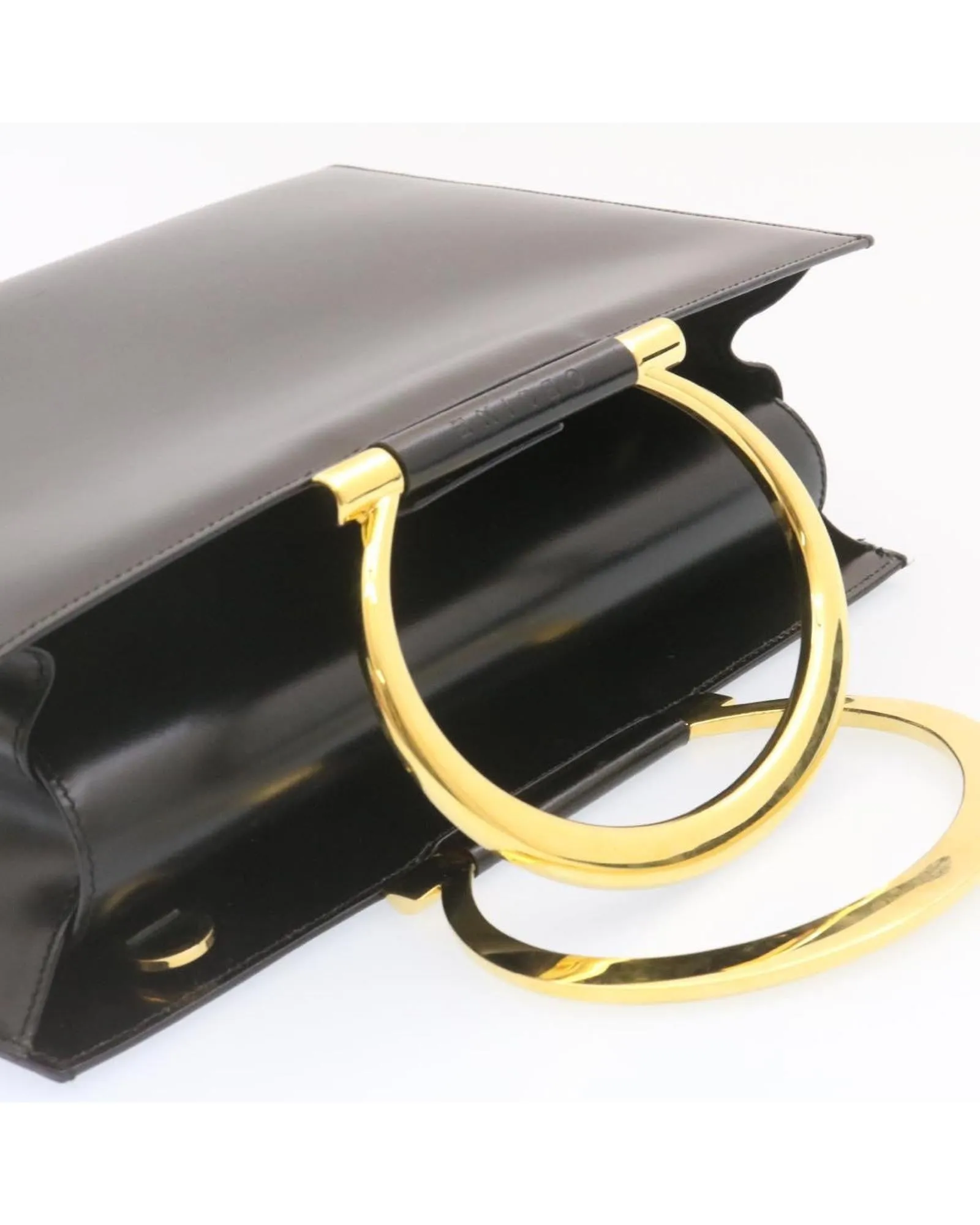 Authentic Black Leather 2way Hand Bag with Gold Tone Hardware