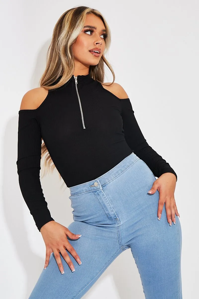 Black Shoulder Cut Out Zip Bodysuit - Celine