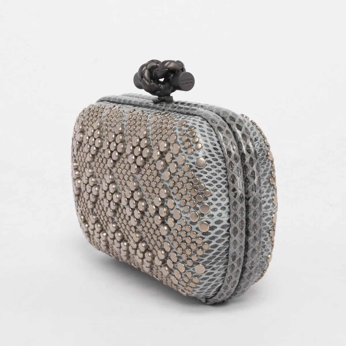 Bottega Veneta Blue Grey Karung & Metal Studded Knot Clutch