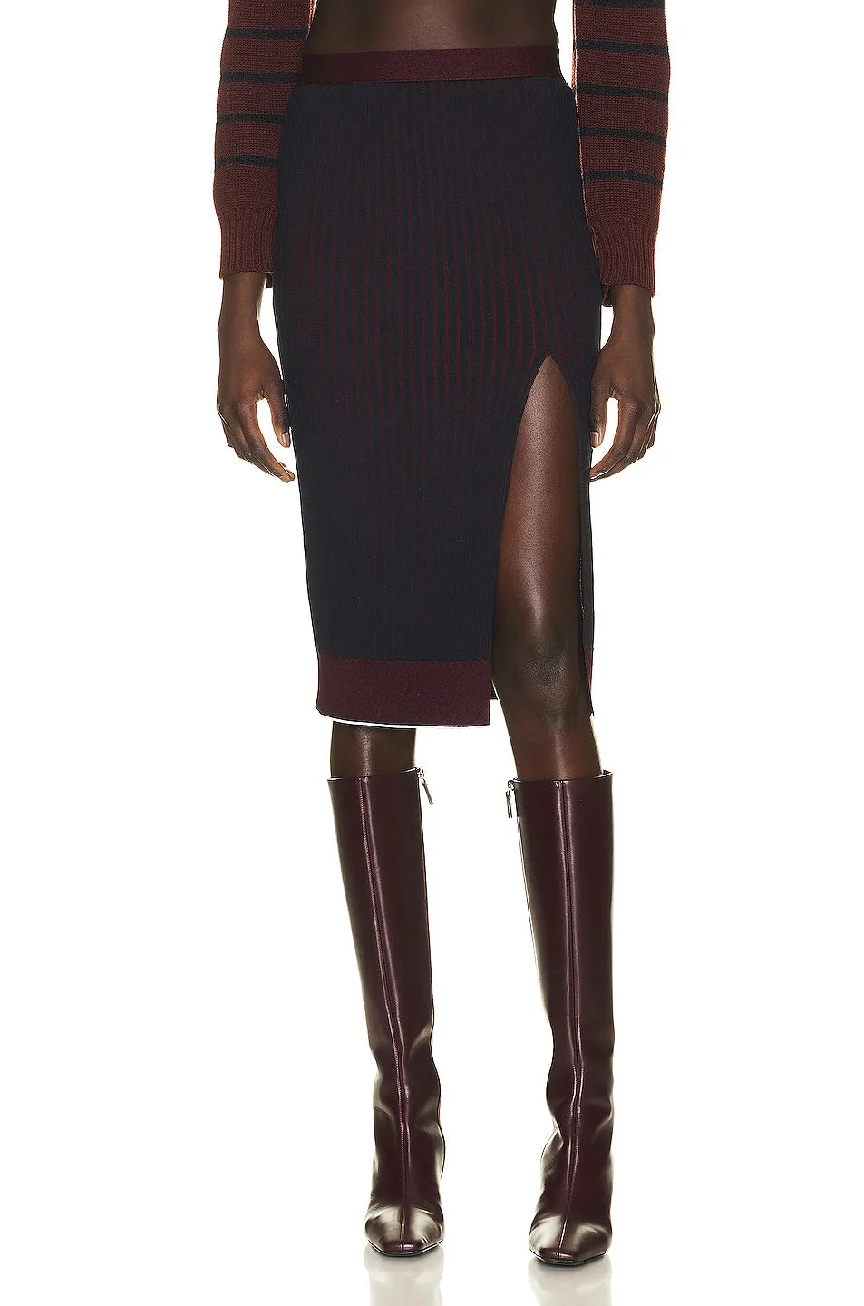 Bottega Veneta Rib Knit Midi Skirt in Midnight Blue & Merlot