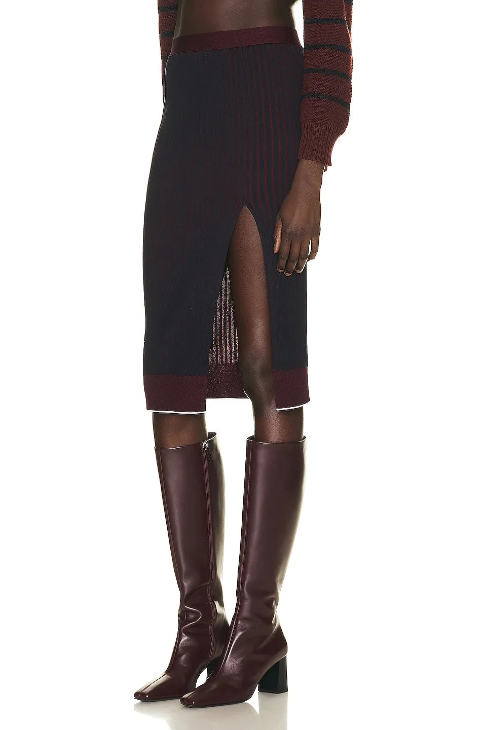 Bottega Veneta Rib Knit Midi Skirt in Midnight Blue & Merlot