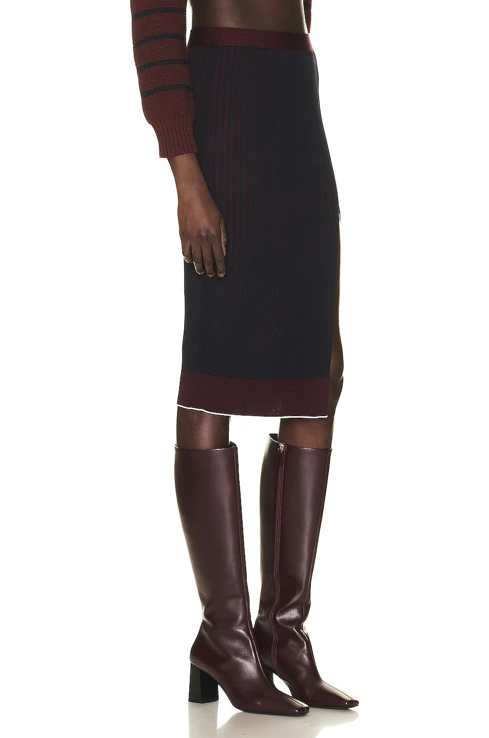 Bottega Veneta Rib Knit Midi Skirt in Midnight Blue & Merlot