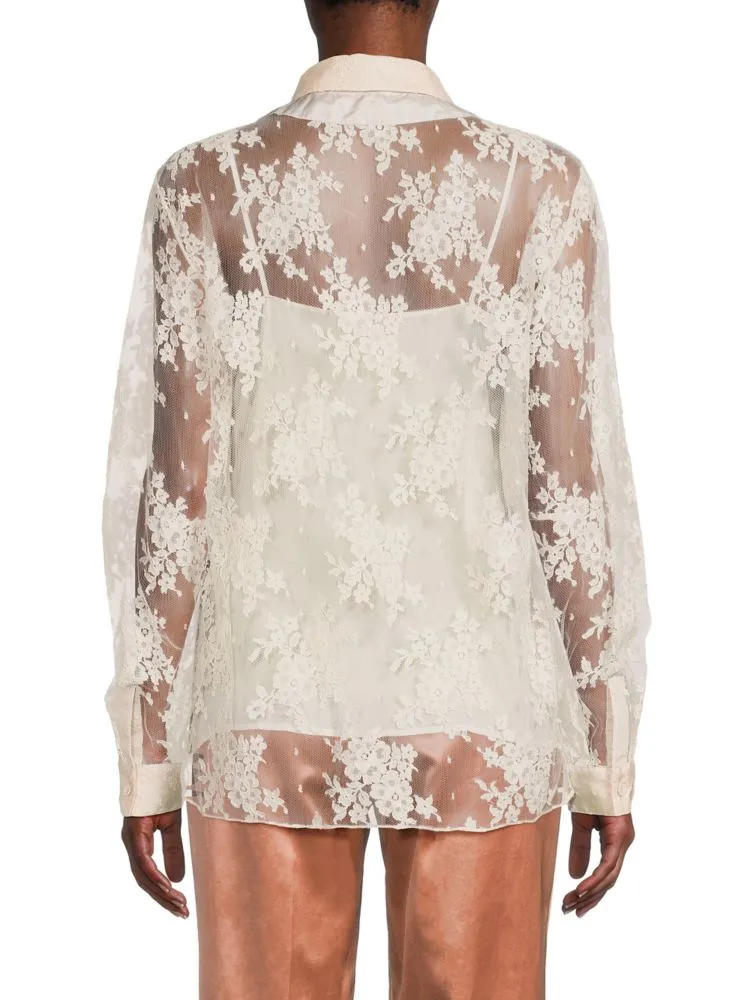 Bottega Veneta Silk Lace Button Down Shirt, White