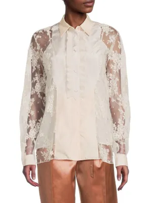 Bottega Veneta Silk Lace Button Down Shirt, White