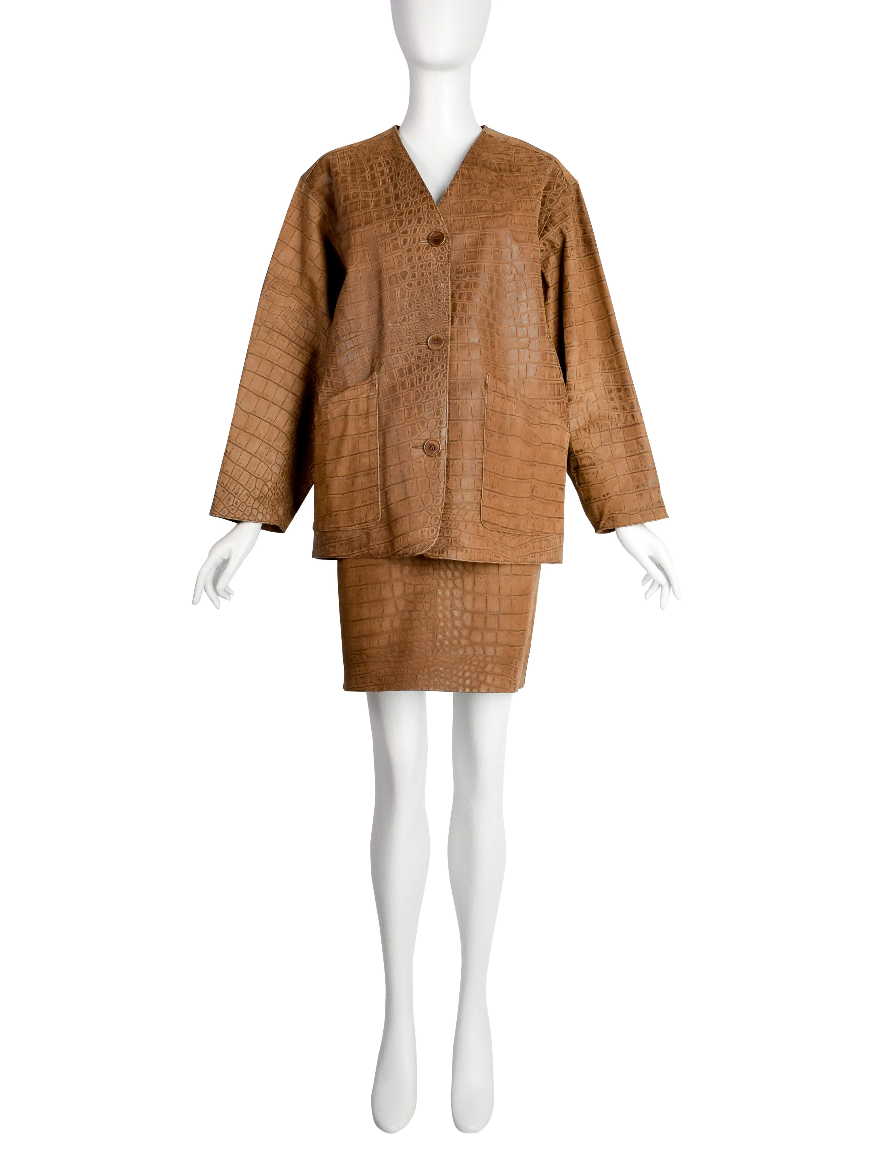 Bottega Veneta Vintage 1990s Brown Croc Embossed Leather Oversized Leather Jacket and Skirt Set