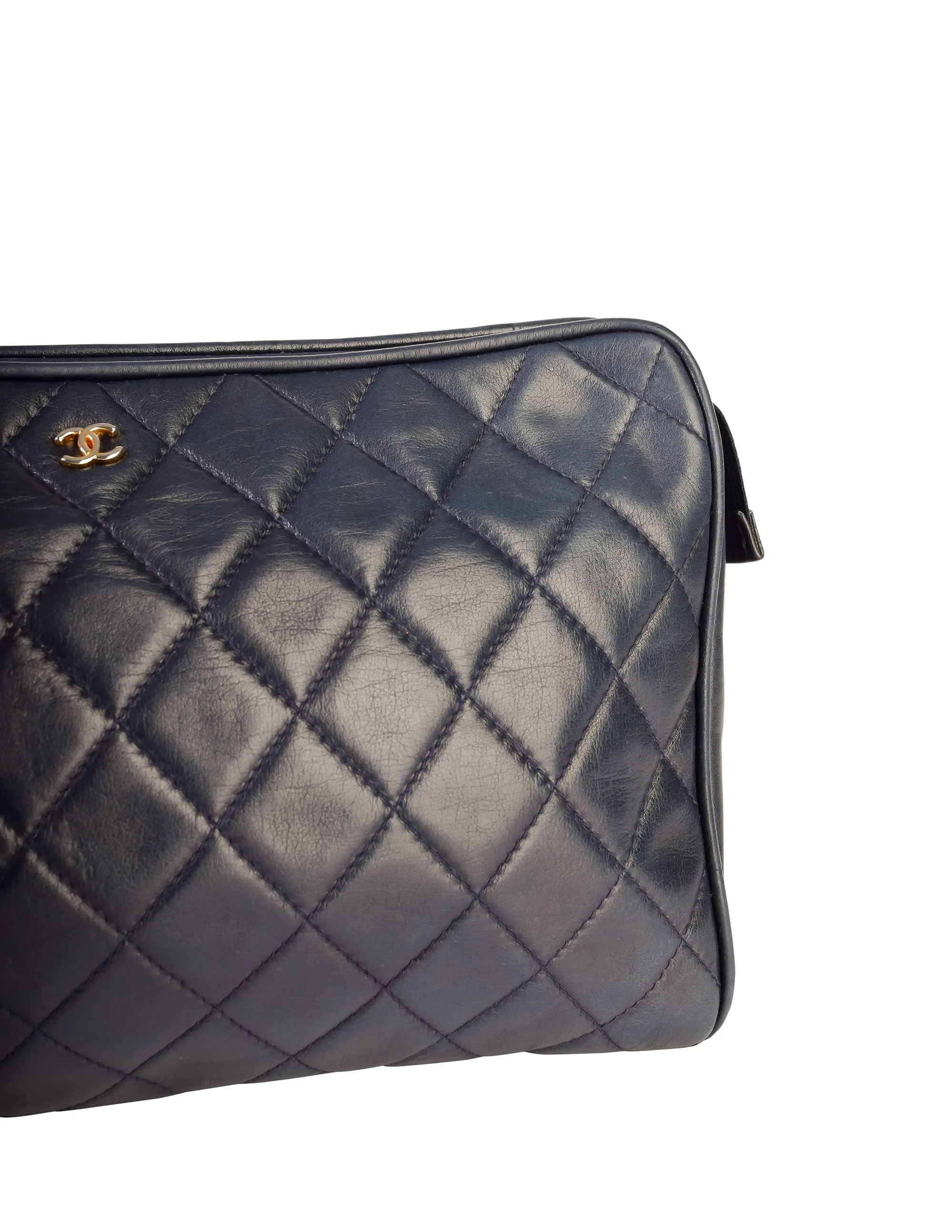 Chanel Vintage Navy Blue Matelasse Quilted Lambskin Leather Clutch Bag