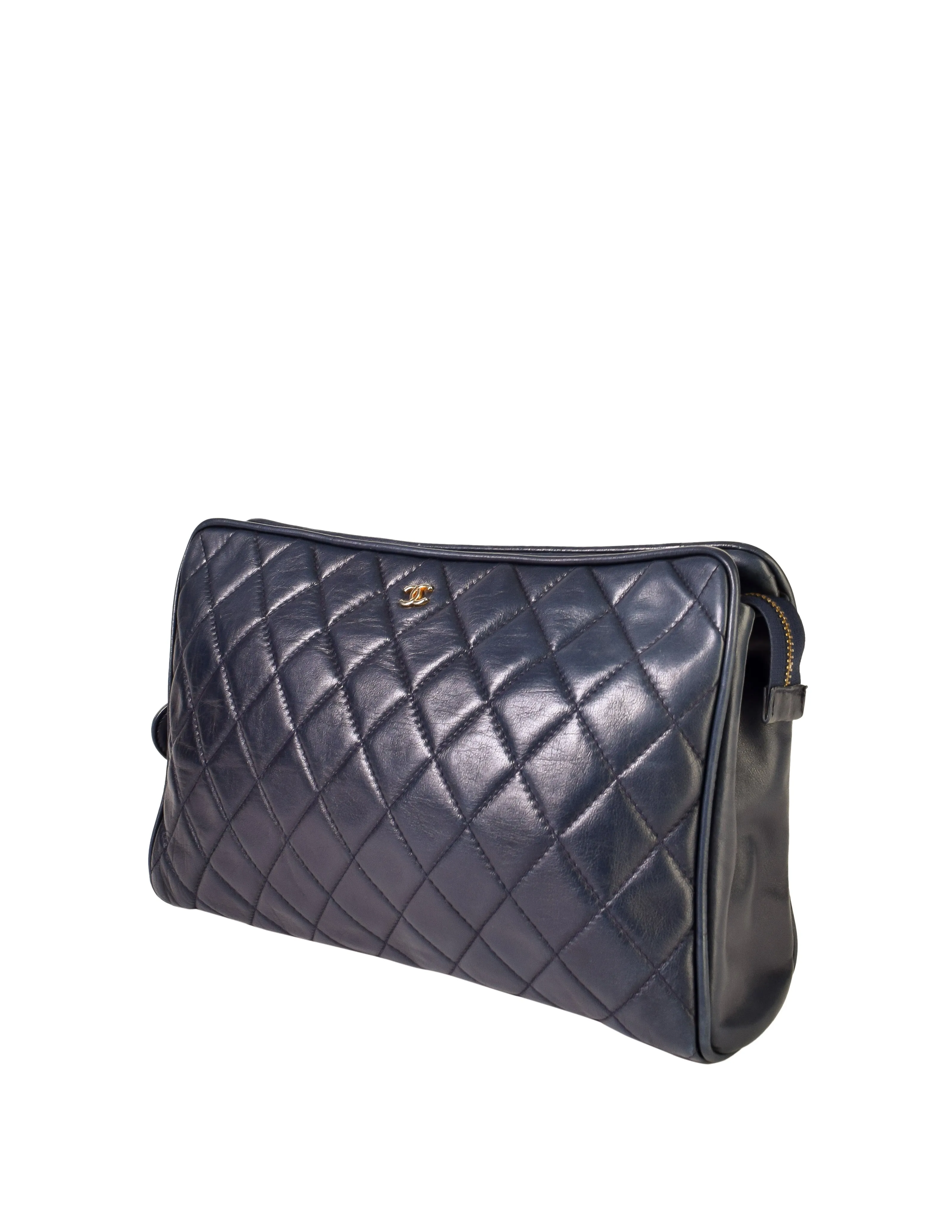 Chanel Vintage Navy Blue Matelasse Quilted Lambskin Leather Clutch Bag