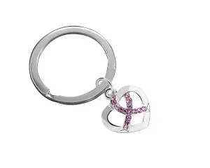 Crystal Pink Ribbon Silver Heart Split Style Keychains