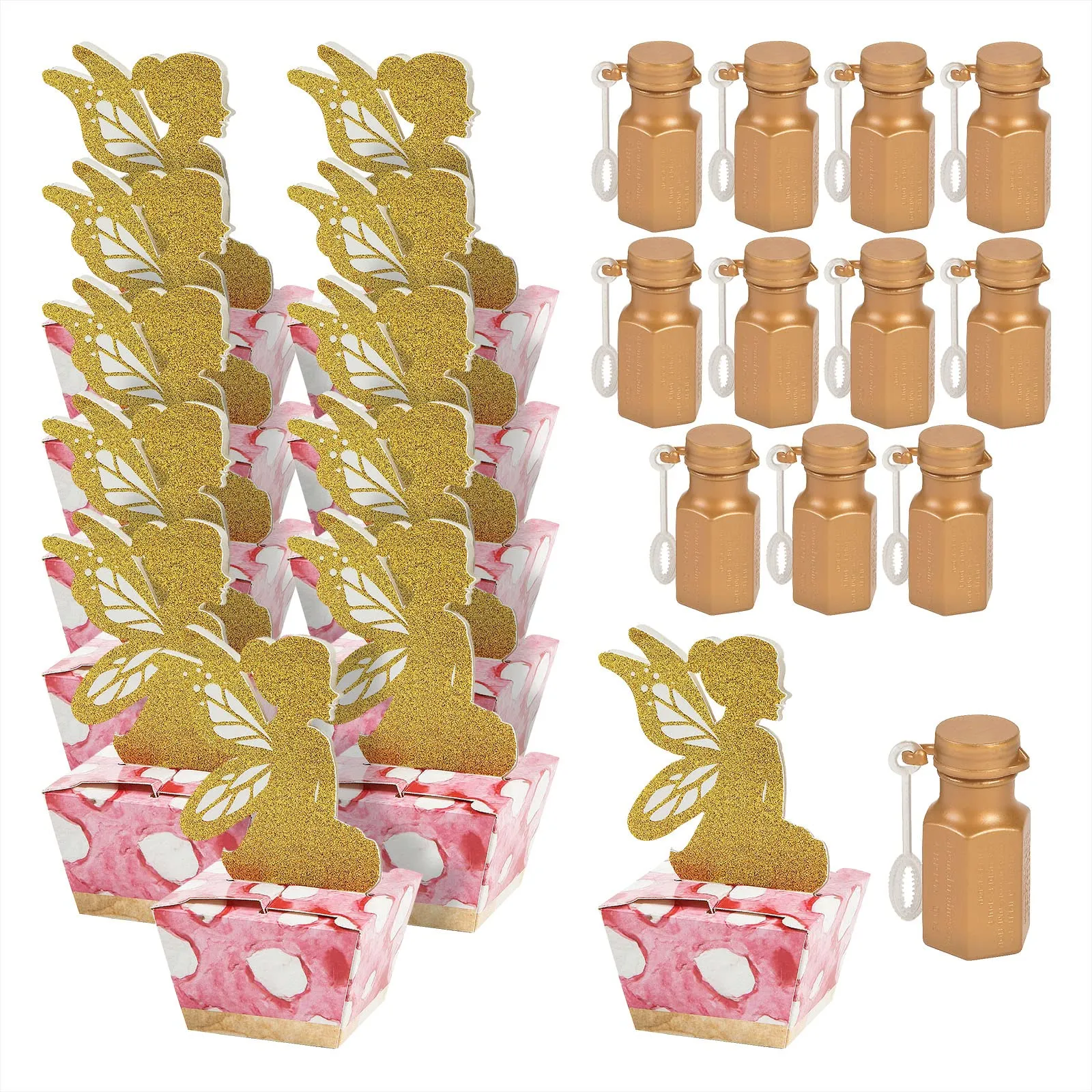 Enchanted Fairy Party Favors - Gold Fairy Favor Mini Favor Boxes and Mini Bubbles Set (1 Dozen Each)