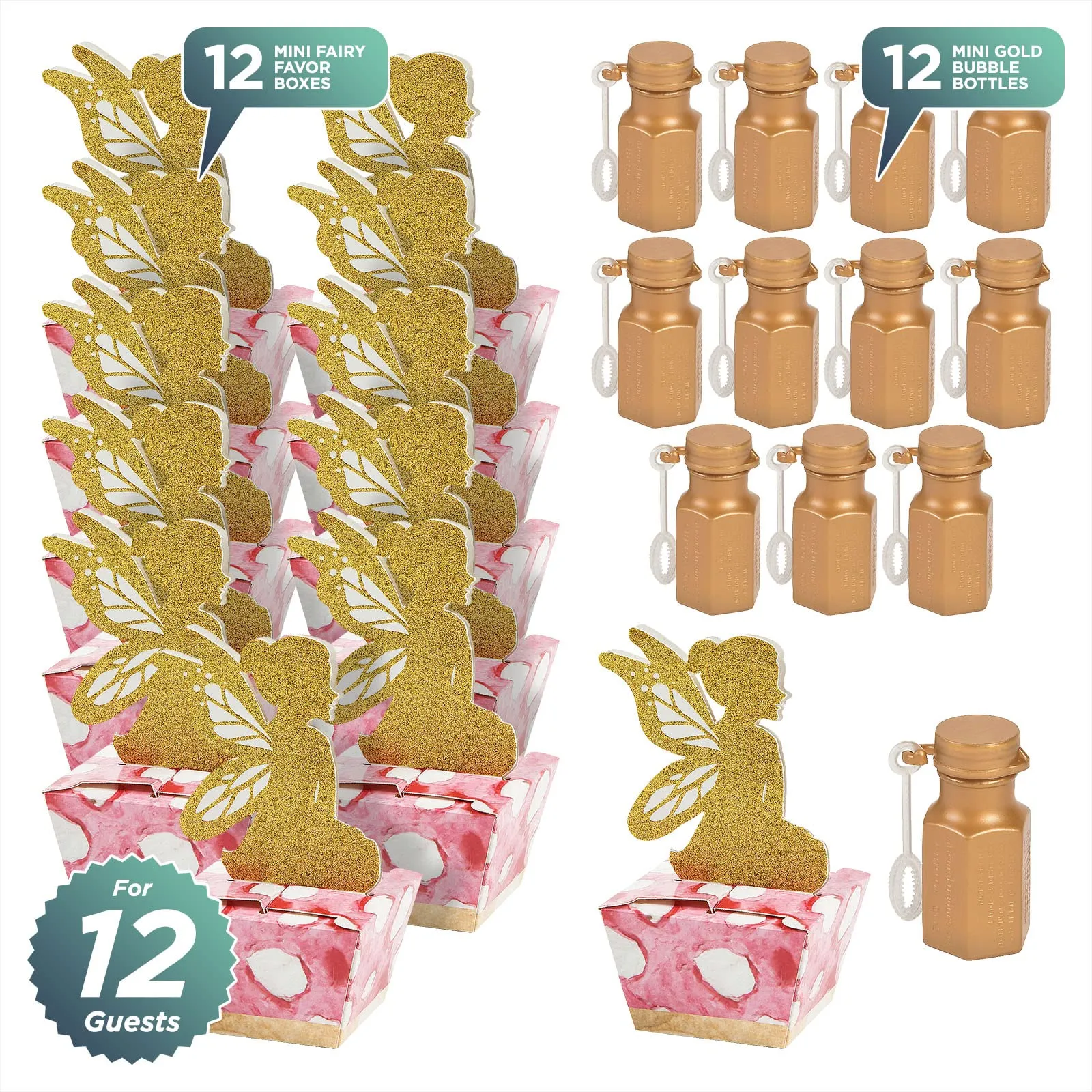 Enchanted Fairy Party Favors - Gold Fairy Favor Mini Favor Boxes and Mini Bubbles Set (1 Dozen Each)