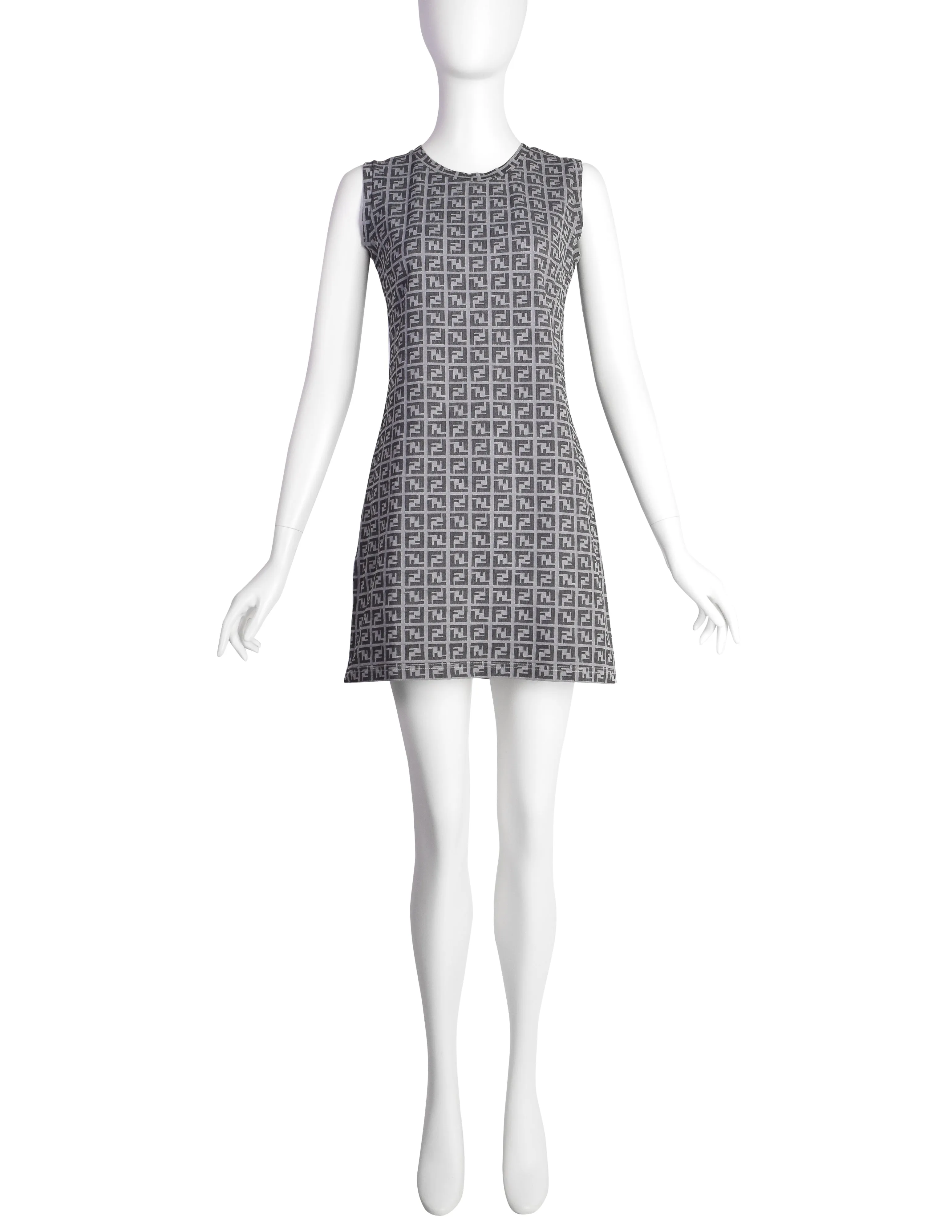 Fendi Vintage Grey Zucca FF Logo Monogram Mini Dress