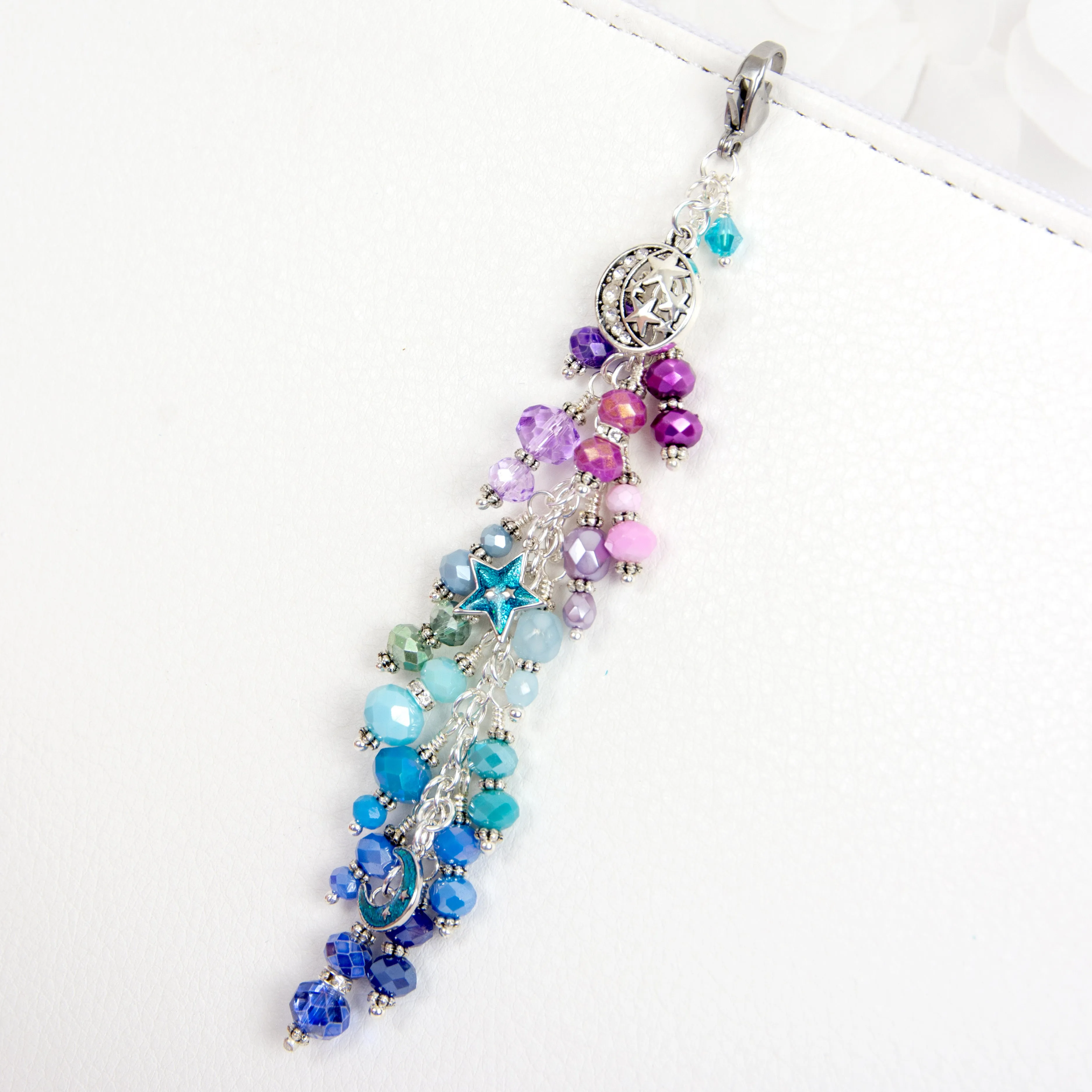 Galaxy Charm with Enamel Moon and Star Charms in Silver with Purple, Aqua and Blue Ombre Dangle