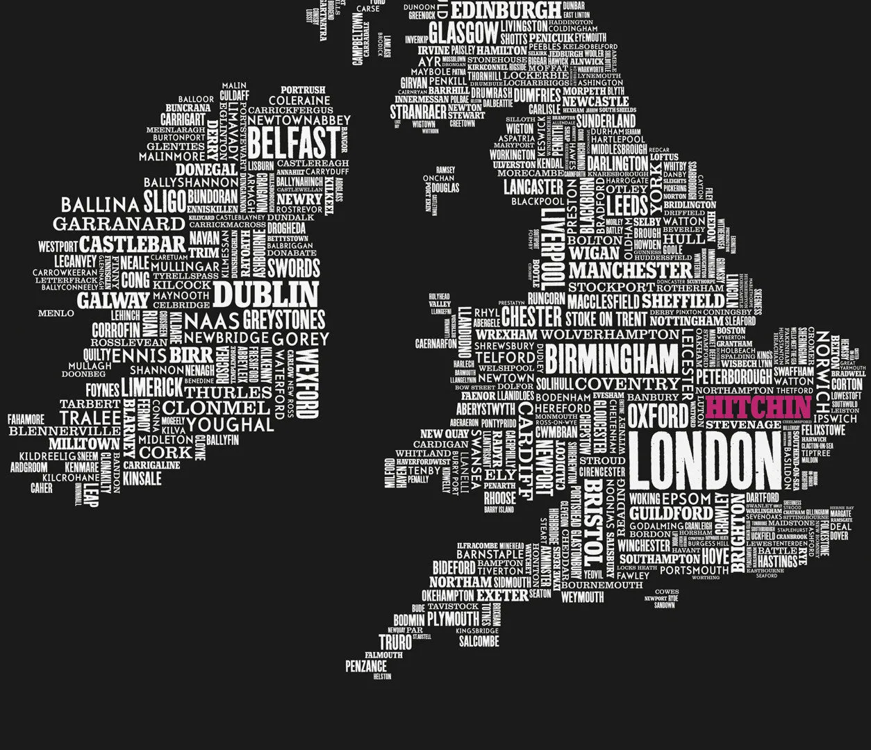 'Hitchin' Limited Edition UK Type Map Print in Bright Fuchsia