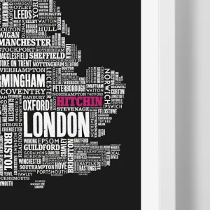 'Hitchin' Limited Edition UK Type Map Print in Bright Fuchsia