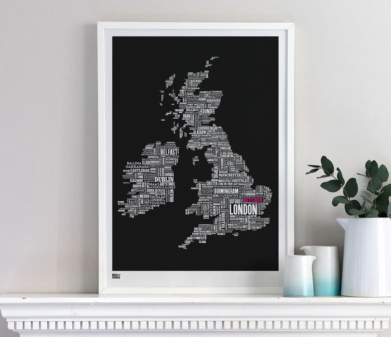 'Hitchin' Limited Edition UK Type Map Print in Bright Fuchsia