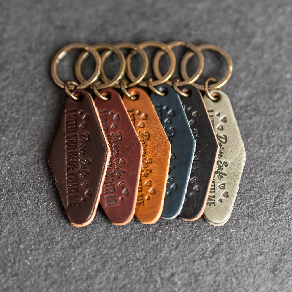 Leather Motel Key Shape Keychain with a Drive Safe Stamp Design