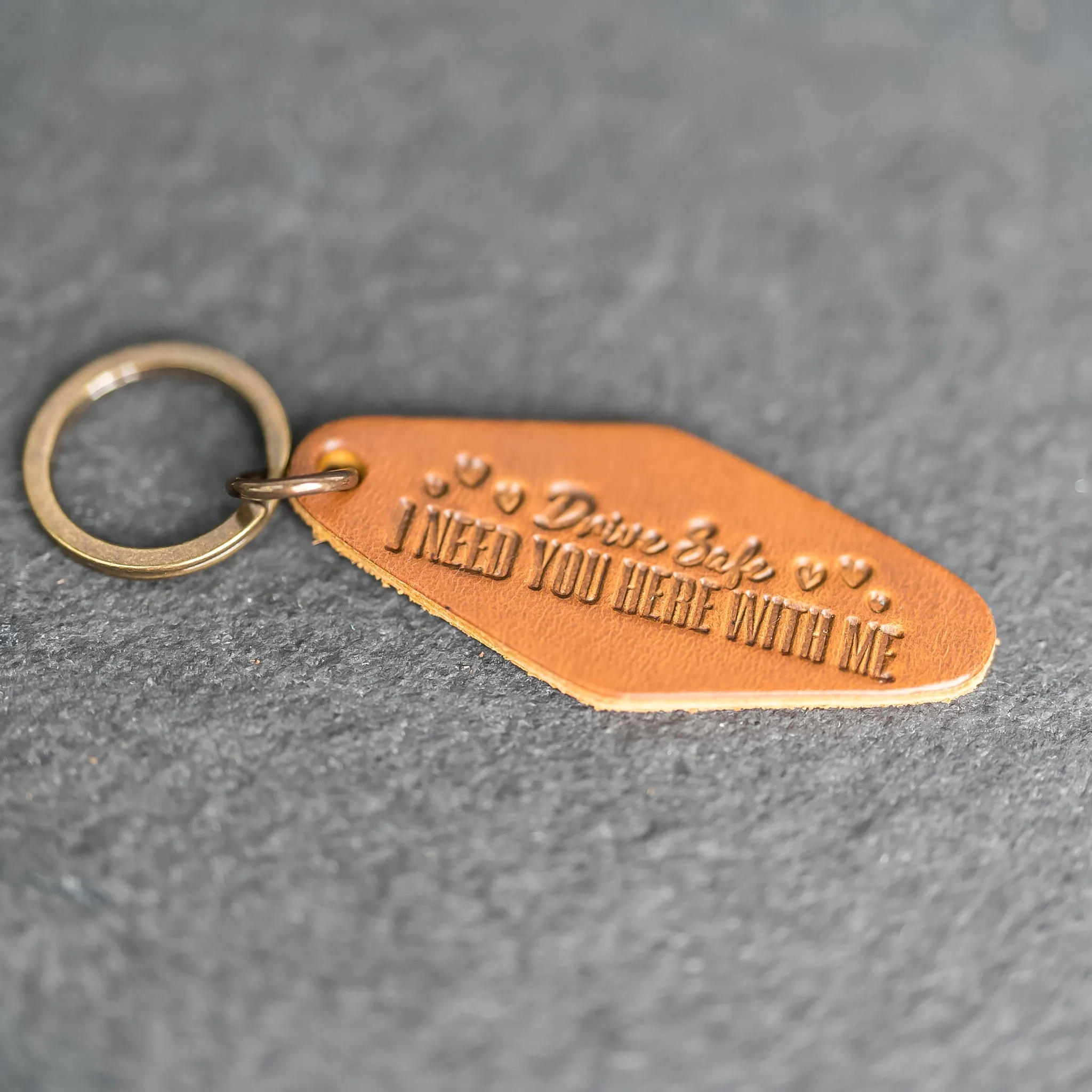 Leather Motel Key Shape Keychain with a Drive Safe Stamp Design