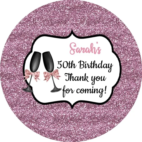 Personalised Birthday Party Stickers Pink Glitter Effect