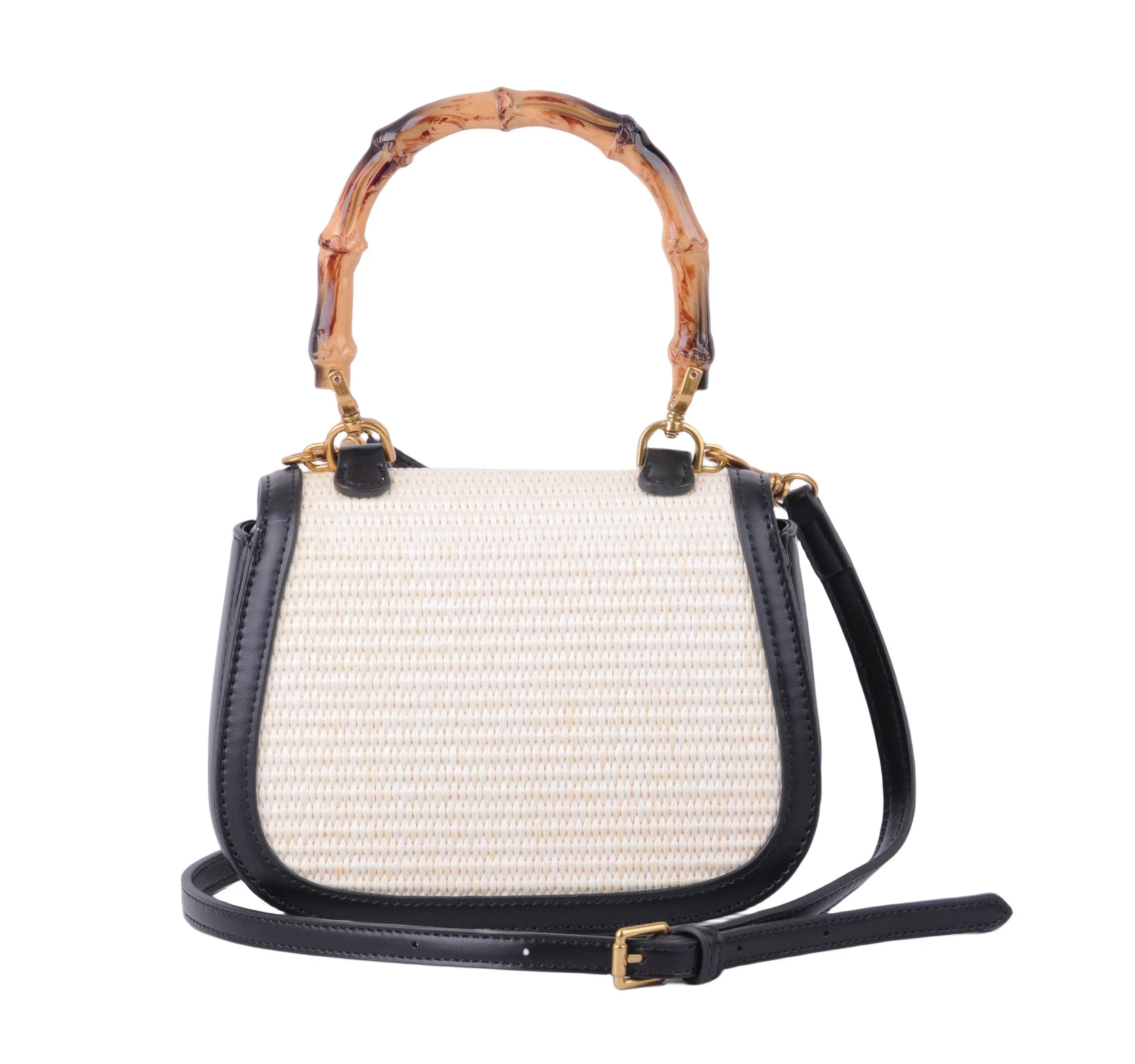 Saddle Bag with Bamboo Top Handle and Raffia Body