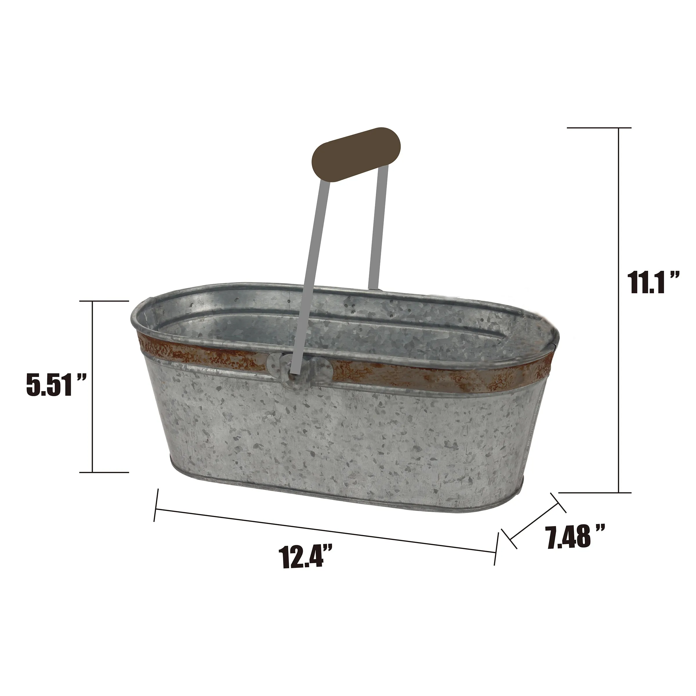 Small Galvanized Metal Oval Bucket with Wood Handle