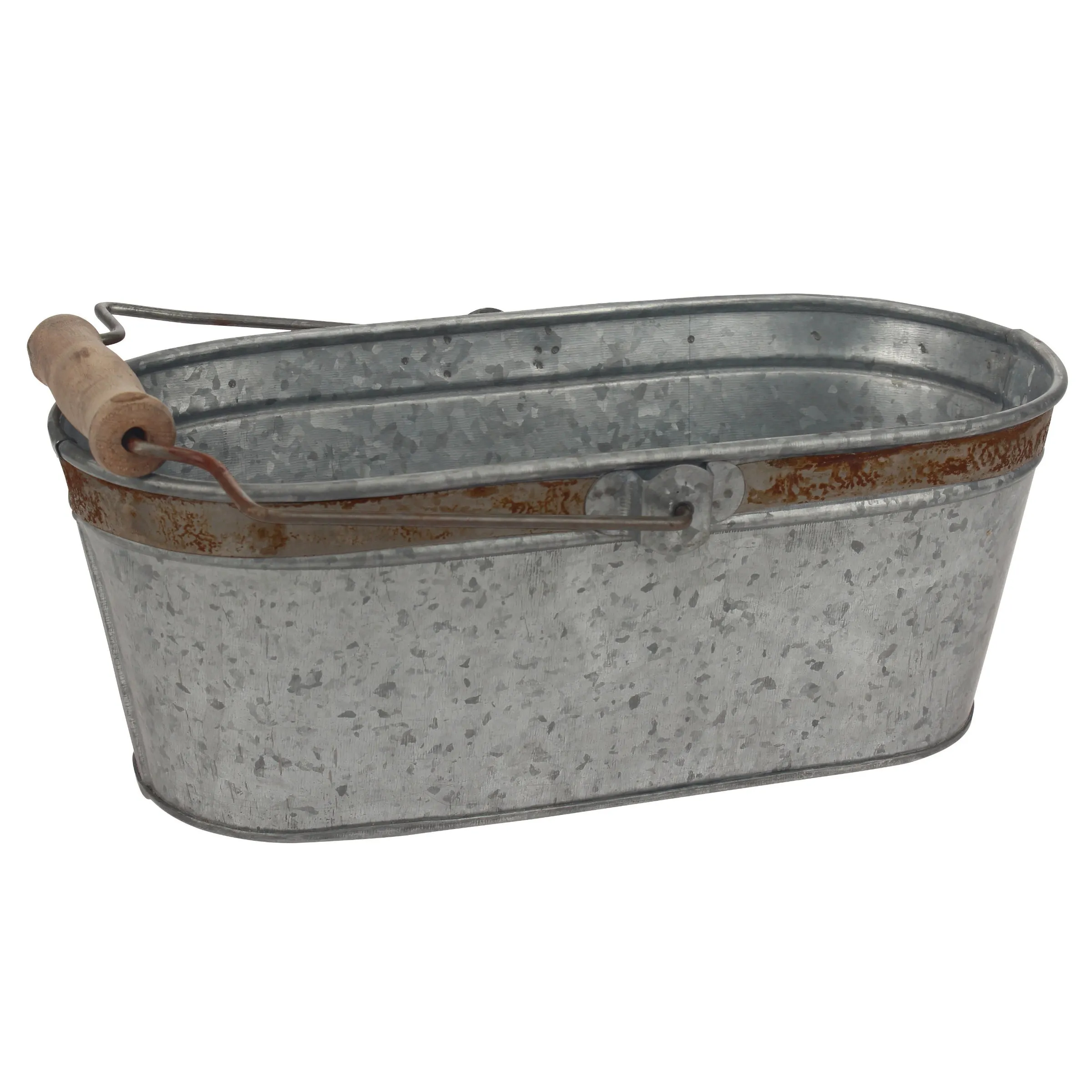 Small Galvanized Metal Oval Bucket with Wood Handle