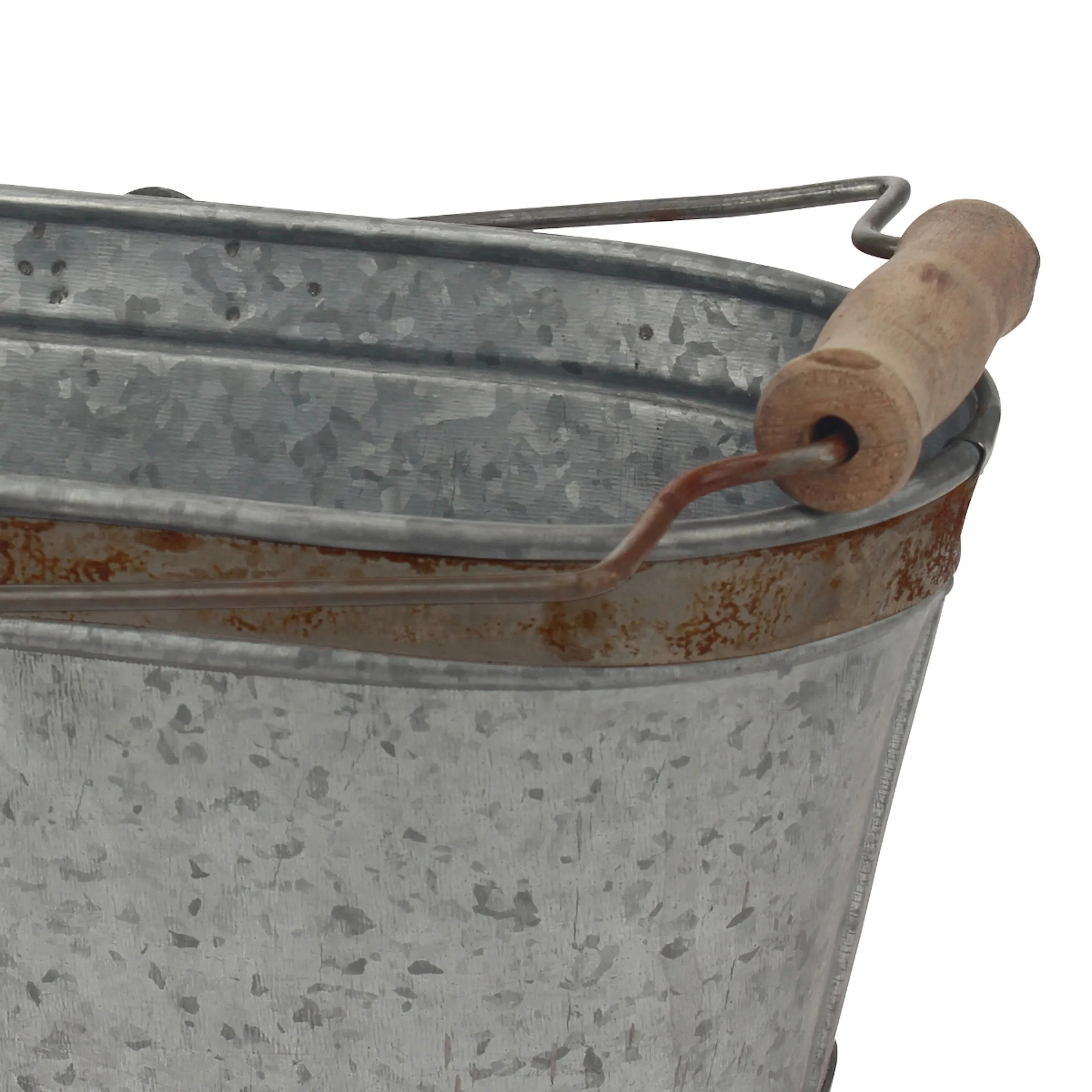 Small Galvanized Metal Oval Bucket with Wood Handle