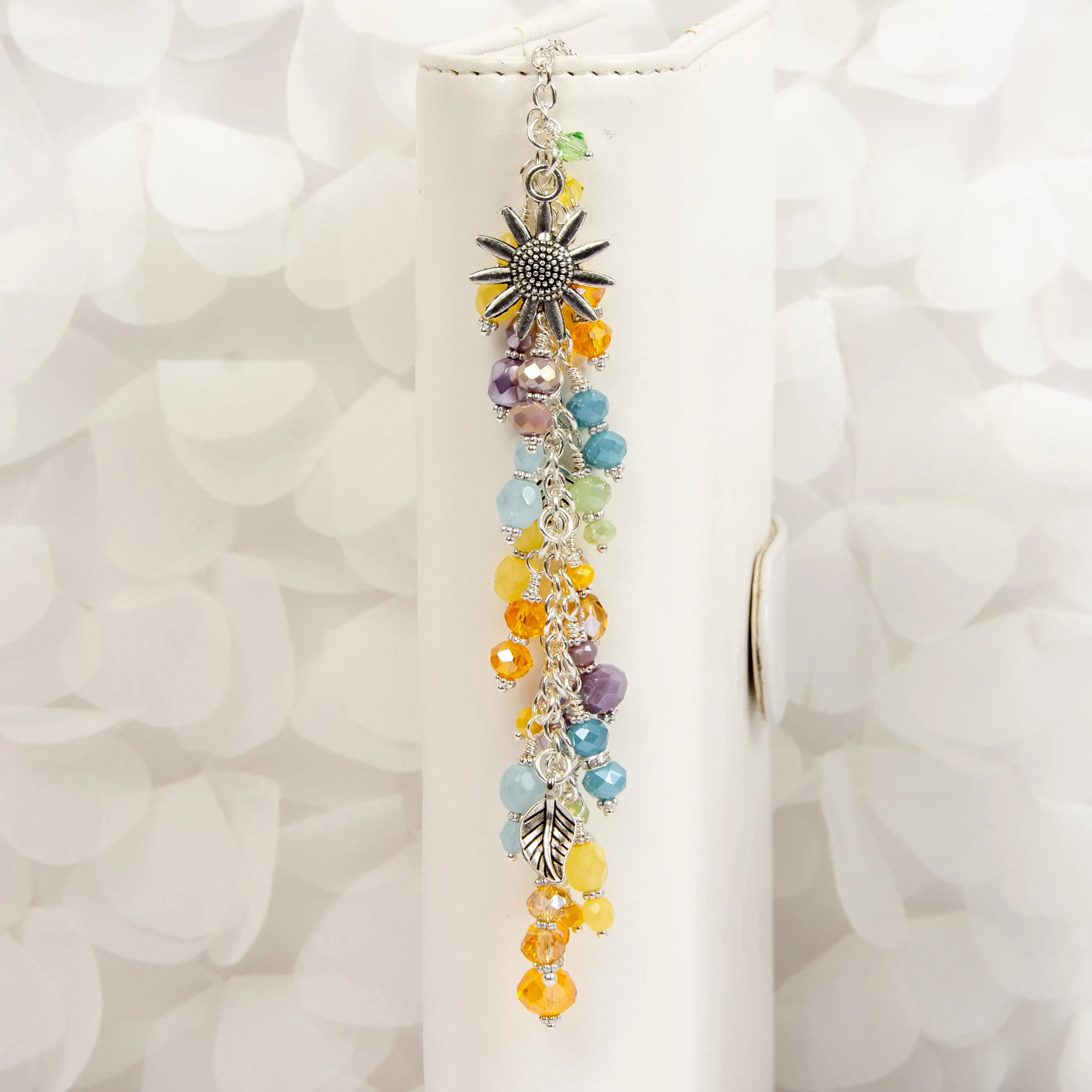 Sunflower Dangle Planner Charm with Golden Yellow, Blue, Green and Purple Crystals