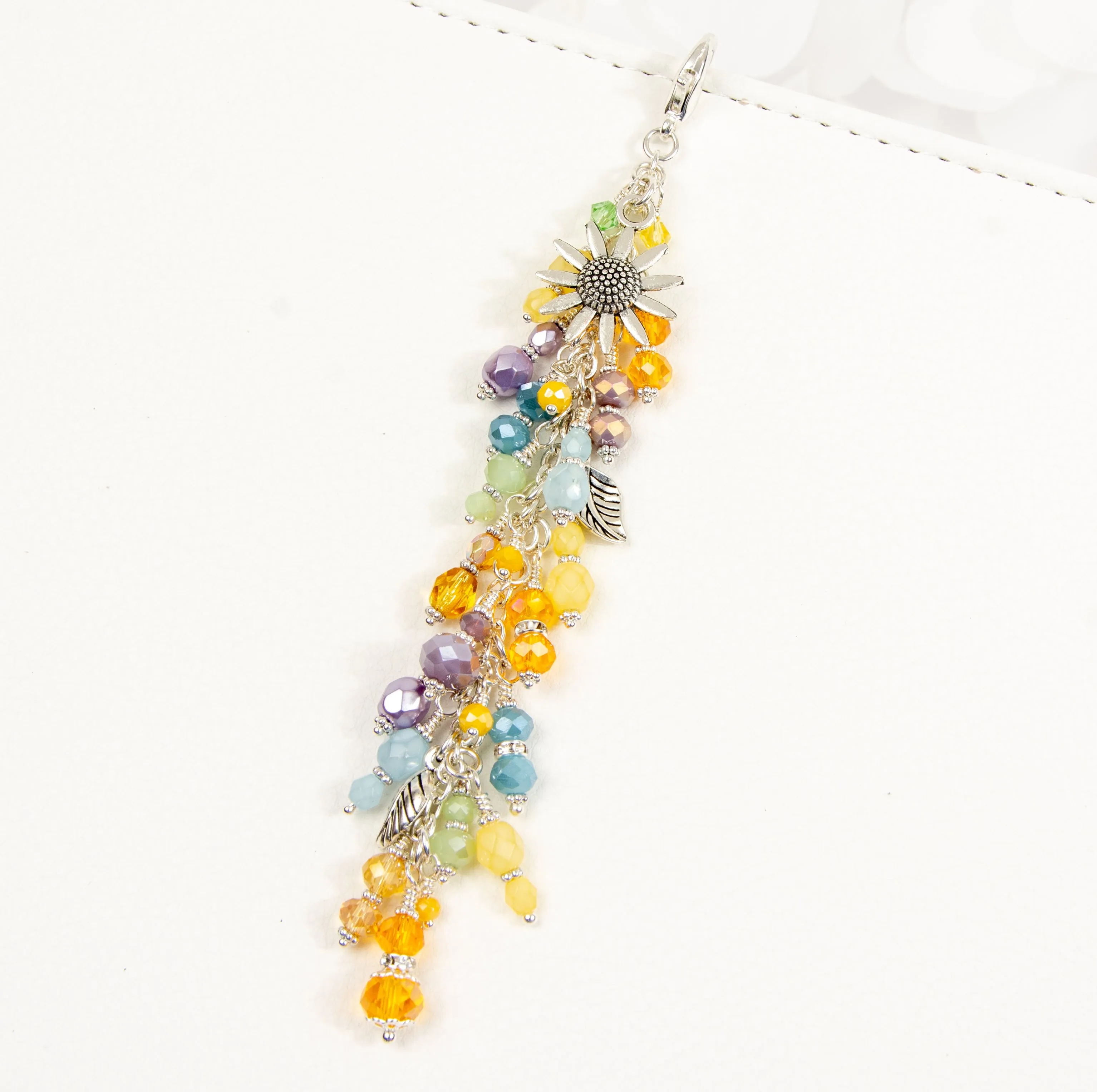 Sunflower Dangle Planner Charm with Golden Yellow, Blue, Green and Purple Crystals