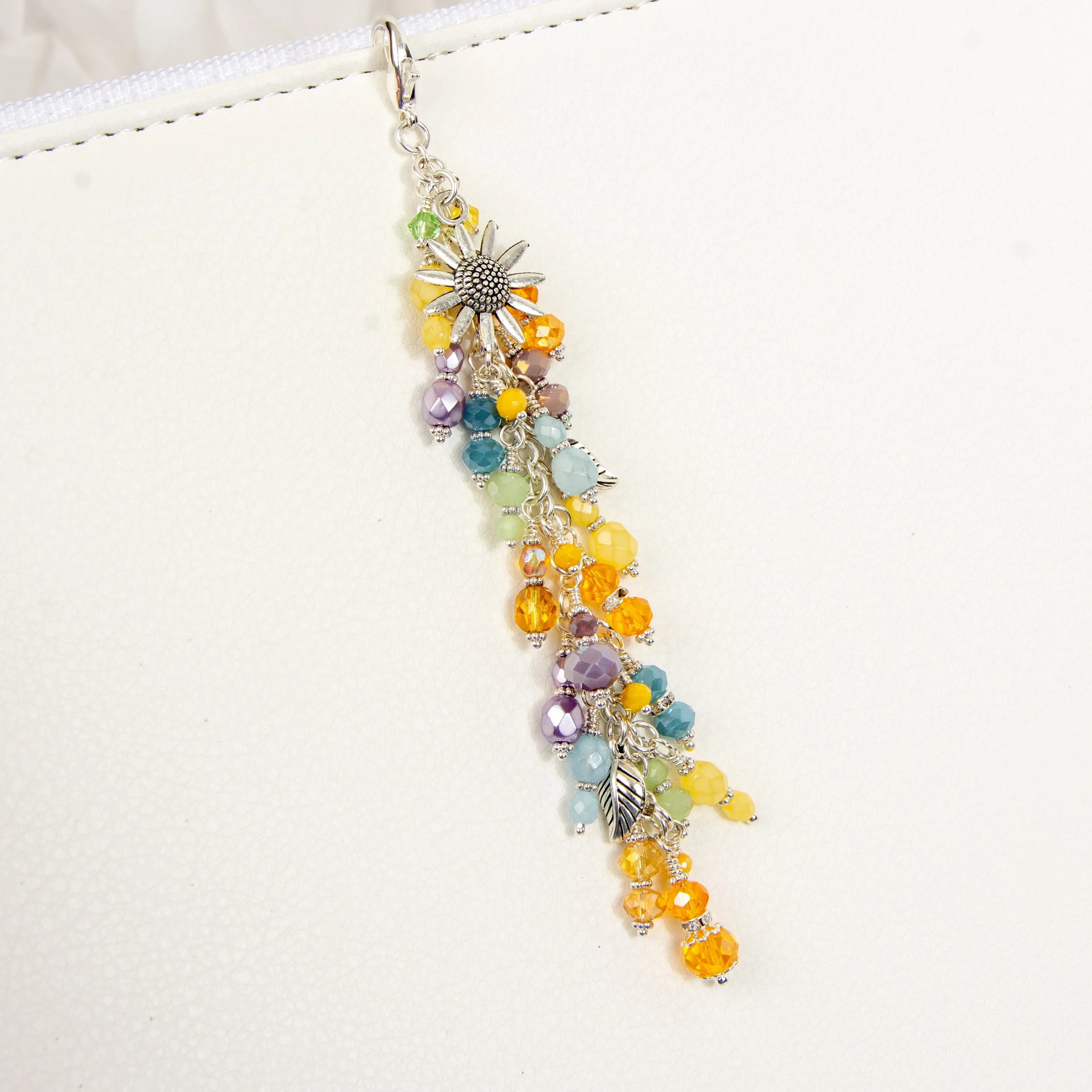 Sunflower Dangle Planner Charm with Golden Yellow, Blue, Green and Purple Crystals