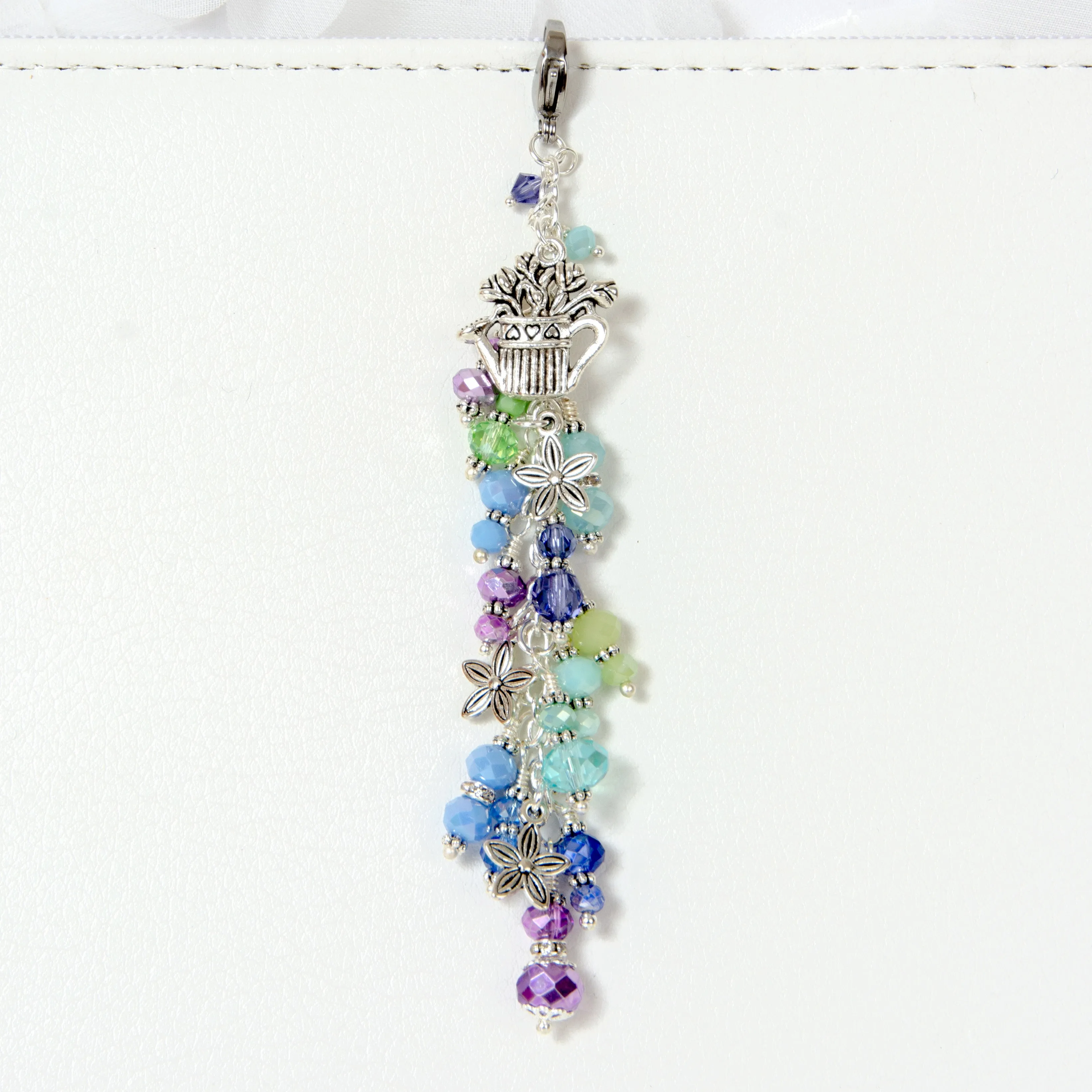 Watering Can Bouquet Planner Charm with Purple, Aqua and Green Crystal Dangle