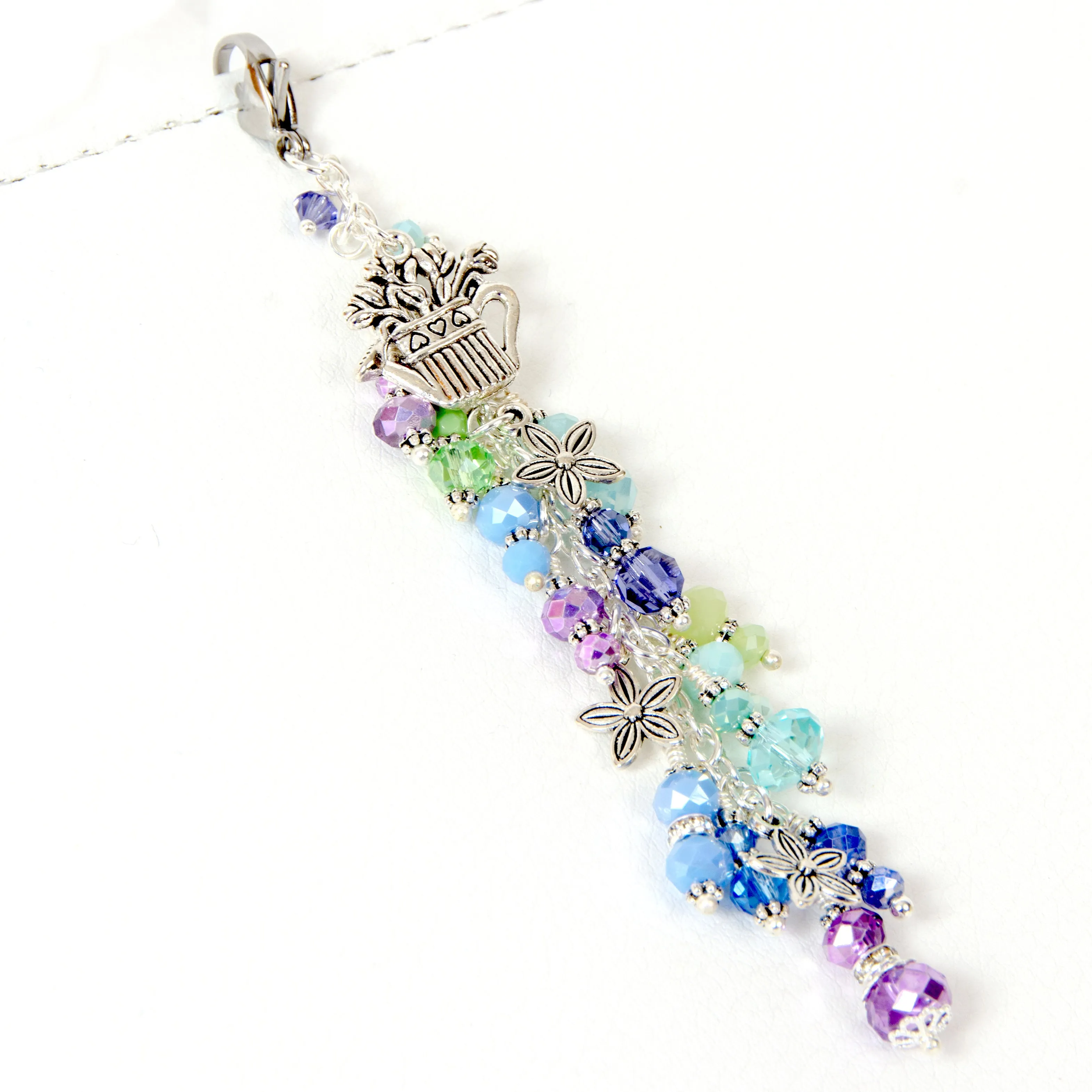 Watering Can Bouquet Planner Charm with Purple, Aqua and Green Crystal Dangle